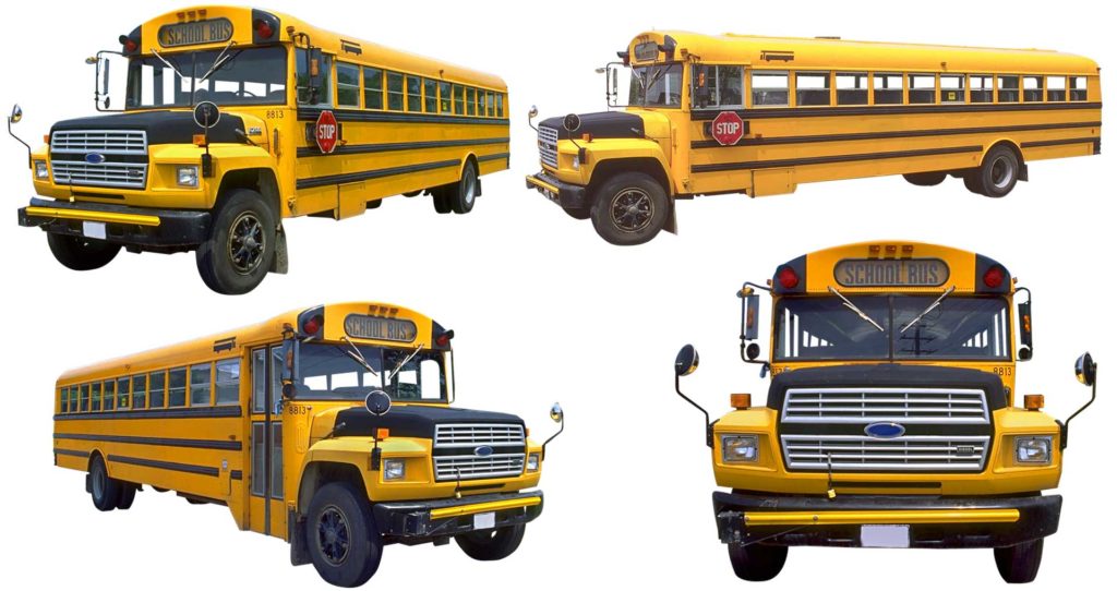 Picture of four school buses - all different views